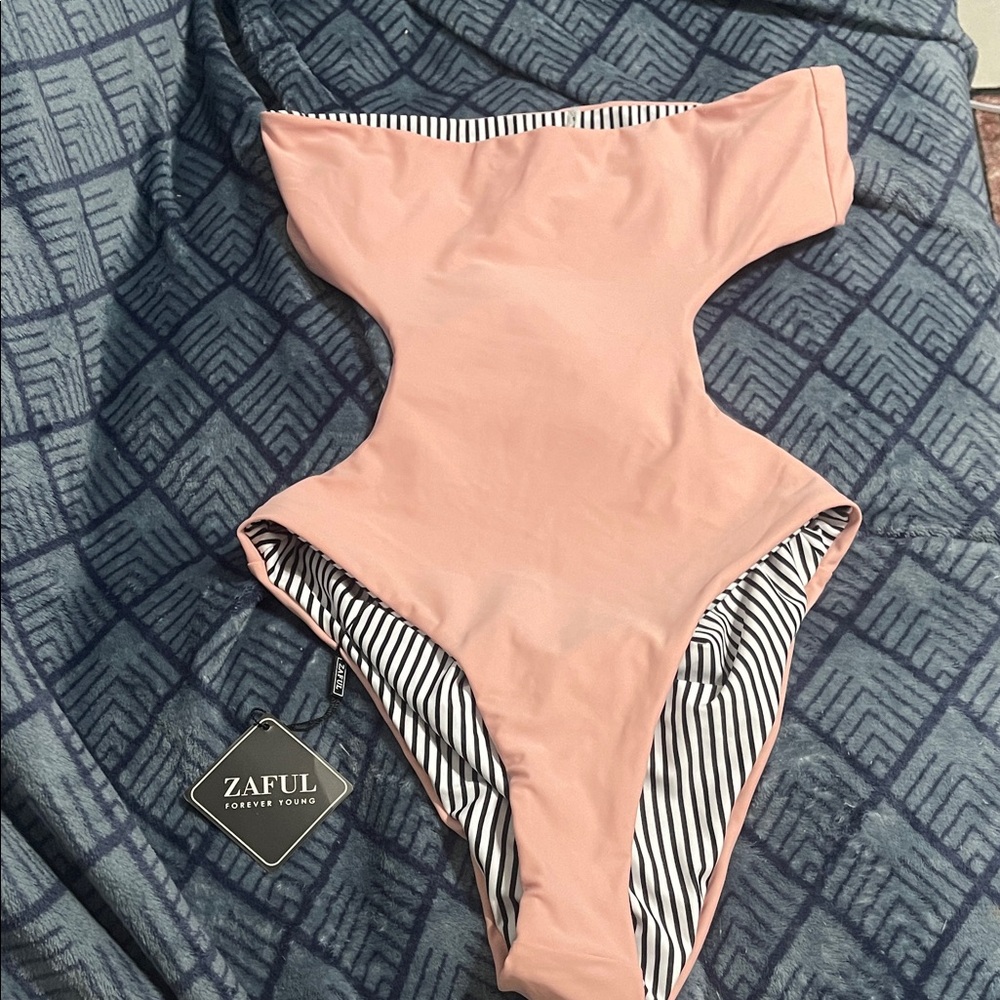 NWT Zaful Blush Pink/Stripes Reversible One-Piece Swimsuit